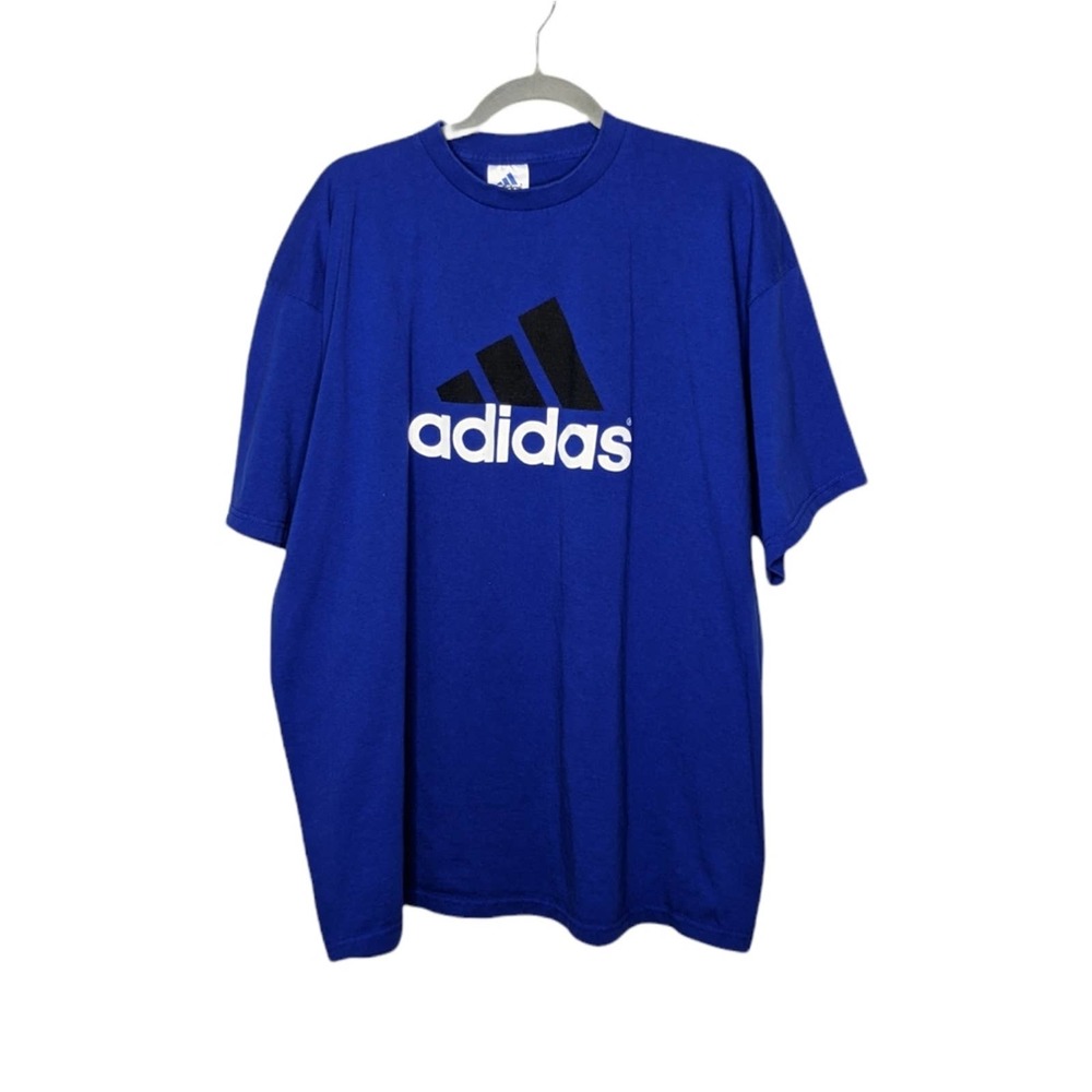 Vintage Adidas Cobalt Blue Spellout Logo Tshirt Oversized XL VTG Y2K